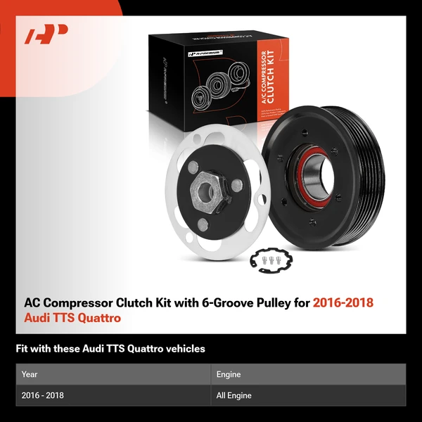 AC Compressor Clutch Kit with 6-Groove Pulley for 2016-2018 Audi TTS Quattro