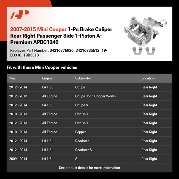 2007-2015 Mini Cooper 1-Pc Brake Caliper Rear Right Passenger Side 1-Piston A-Premium APBC1249