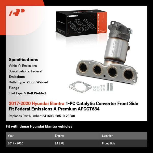 2017-2020 Hyundai Elantra 1-PC Catalytic Converter Front Side Fit Federal Emissions A-Premium APCCT684