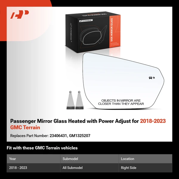 Passenger Mirror Glass Heated with Power Adjust for 2018-2023 GMC Terrain
