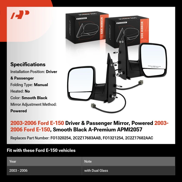 2003-2006 Ford E-150 Driver & Passenger Mirror, Powered 2003-2006 Ford E-150, Smooth Black A-Premium APMI2057
