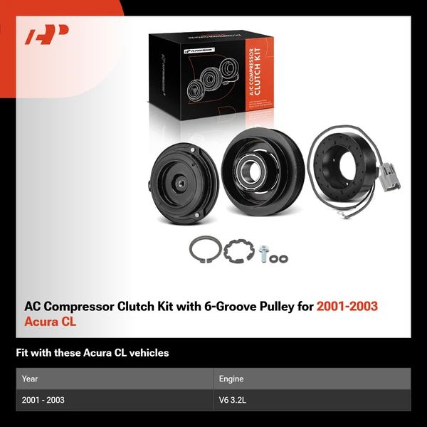 AC Compressor Clutch Kit with 6-Groove Pulley for 2001-2003 Acura CL