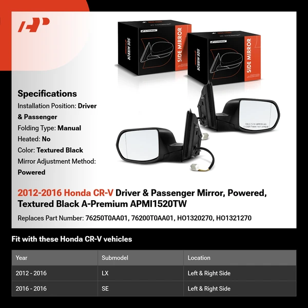 2012-2016 Honda CR-V Driver & Passenger Mirror, Powered, Textured Black A-Premium APMI1520TW