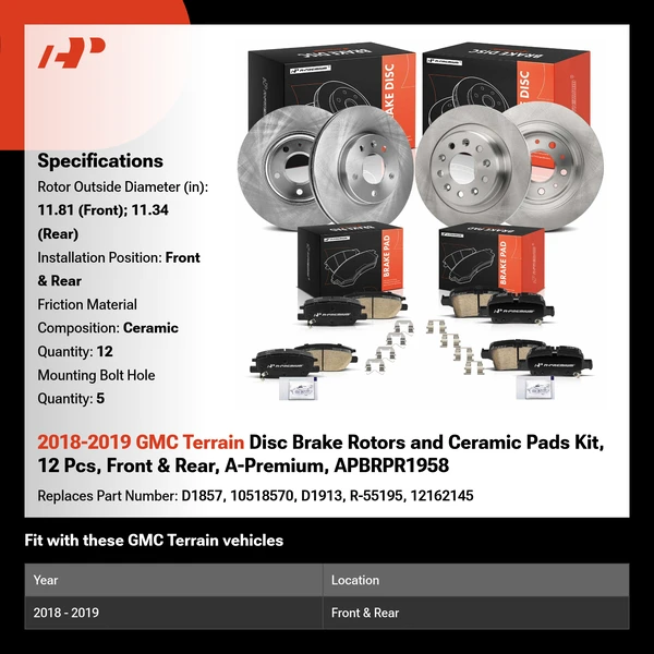 2018-2019 GMC Terrain Disc Brake Rotors and Ceramic Pads Kit, 12 Pcs, Front & Rear, A-Premium, APBRPR1958