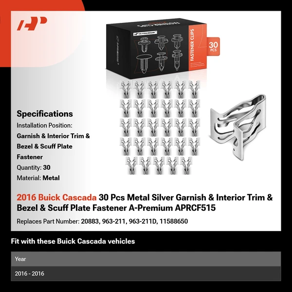 2016 Buick Cascada 30 Pcs Metal Silver Garnish & Interior Trim & Bezel & Scuff Plate Fastener A-Premium APRCF515