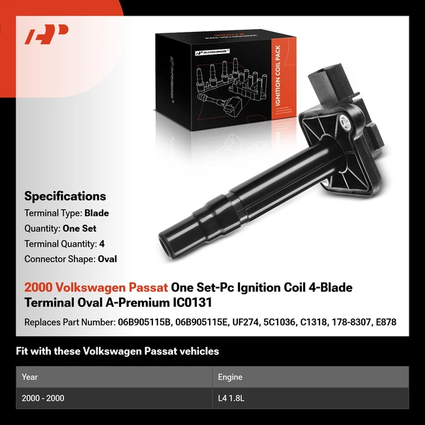 2000 Volkswagen Passat One Set-Pc Ignition Coil 4-Blade Terminal Oval A-Premium IC0131