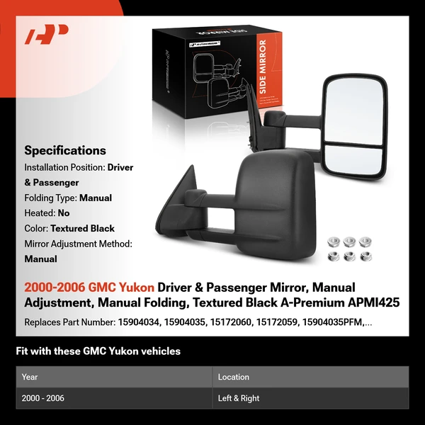 2000-2006 GMC Yukon Driver & Passenger Mirror, Manual Adjustment, Manual Folding, Textured Black A-Premium APMI425