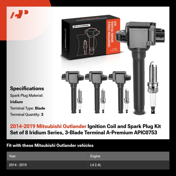 2014-2019 Mitsubishi Outlander Ignition Coil and Spark Plug Kit Set of 8 Iridium Series, 3-Blade Terminal A-Premium APIC0753