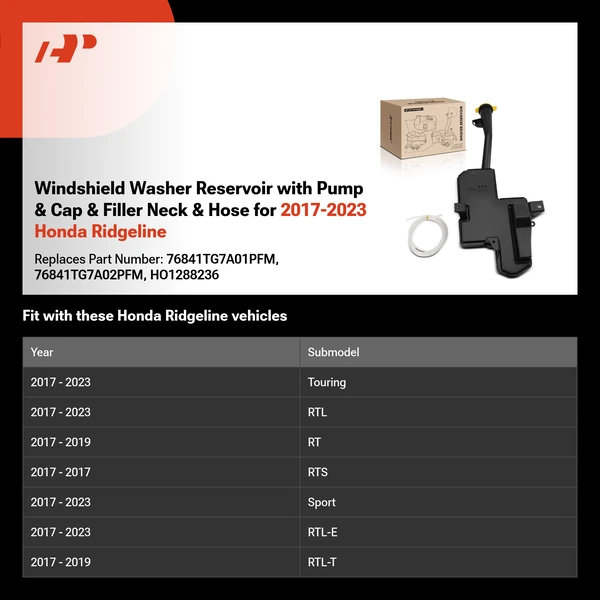 Windshield Washer Reservoir with Pump & Cap & Filler Neck & Hose for 2017-2023 Honda Ridgeline