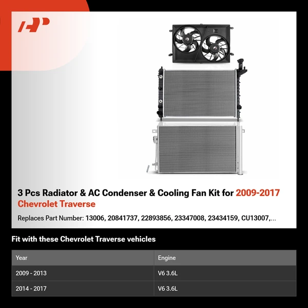 3 Pcs Radiator & AC Condenser & Cooling Fan Kit for 2009-2017 Chevrolet Traverse