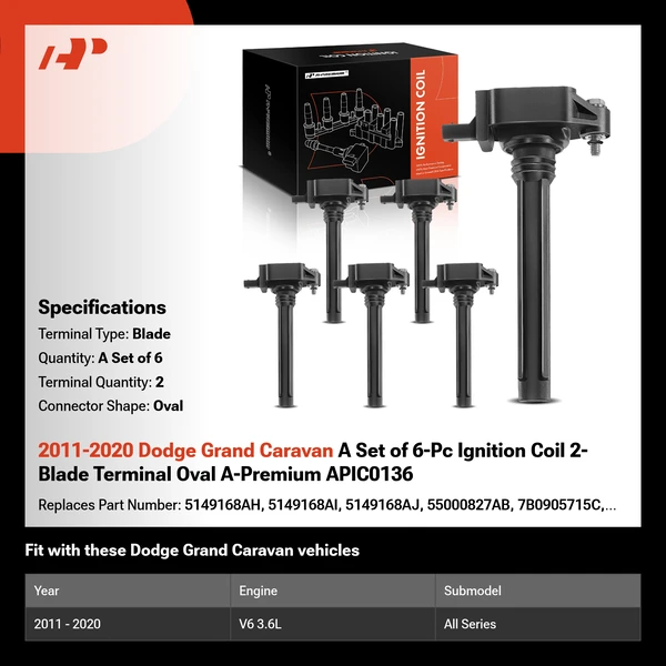 2011-2020 Dodge Grand Caravan A Set of 6-Pc Ignition Coil 2-Blade Terminal Oval A-Premium APIC0136