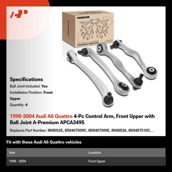 1998-2004 Audi A6 Quattro 4-Pc Control Arm, Front Upper with Ball Joint A-Premium APCA3495