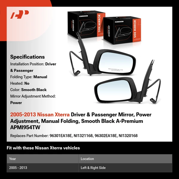 2005-2013 Nissan Xterra Driver & Passenger Mirror, Power Adjustment, Manual Folding, Smooth Black A-Premium APMI954TW
