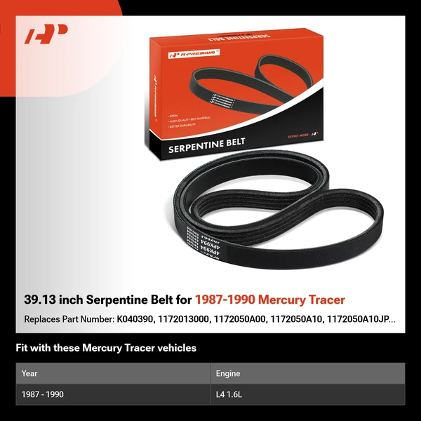 39.13 inch Serpentine Belt for 1987-1990 Mercury Tracer