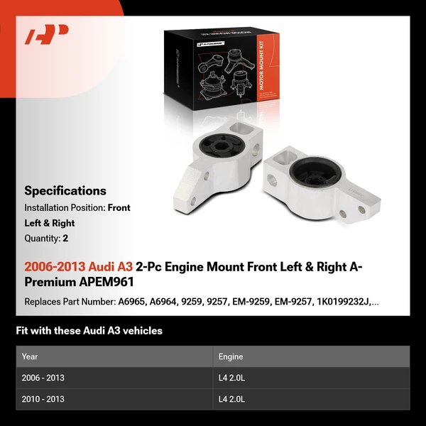 2006-2013 Audi A3 2-Pc Engine Mount Front Left & Right A-Premium APEM961