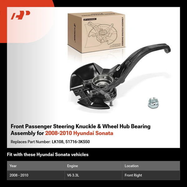 Front Passenger Steering Knuckle & Wheel Hub Bearing Assembly for 2008-2010 Hyundai Sonata
