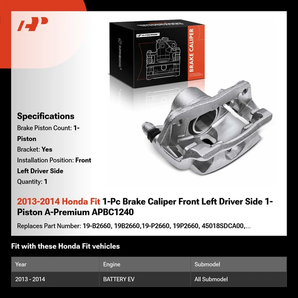 2013-2014 Honda Fit 1-Pc Brake Caliper Front Left Driver Side 1-Piston A-Premium APBC1240