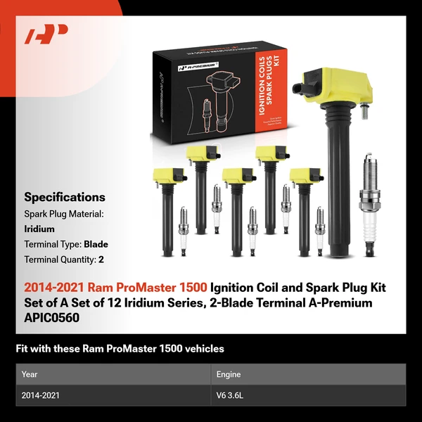 2014-2021 Ram ProMaster 1500 Ignition Coil and Spark Plug Kit Set of A Set of 12 Iridium Series, 2-Blade Terminal A-Premium APIC0560