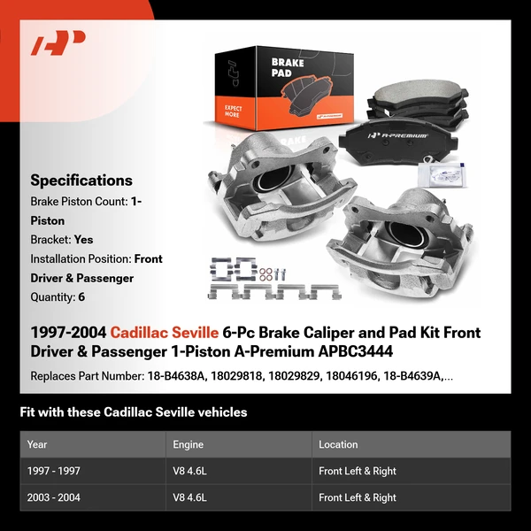1997-2004 Cadillac Seville 6-Pc Brake Caliper and Pad Kit Front Driver & Passenger 1-Piston A-Premium APBC3444