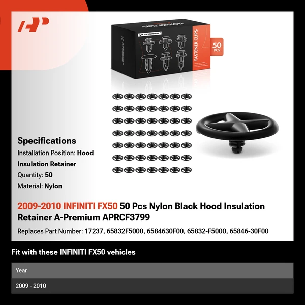 2009-2010 INFINITI FX50 50 Pcs Nylon Black Hood Insulation Retainer A-Premium APRCF3799