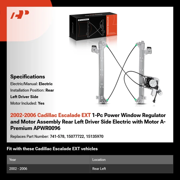 2002-2006 Cadillac Escalade EXT 1-Pc Power Window Regulator and Motor Assembly Rear Left Driver Side Electric with Motor A-Premium APWR0096