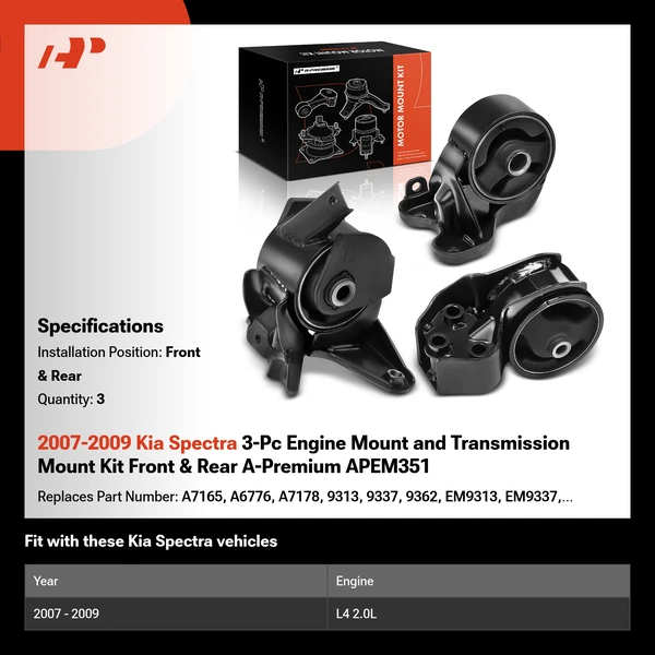 2007-2009 Kia Spectra 3-Pc Engine Mount and Transmission Mount Kit Front & Rear A-Premium APEM351