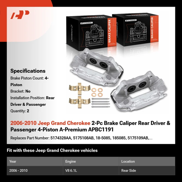 2006-2010 Jeep Grand Cherokee 2-Pc Brake Caliper Rear Driver & Passenger 4-Piston A-Premium APBC1191