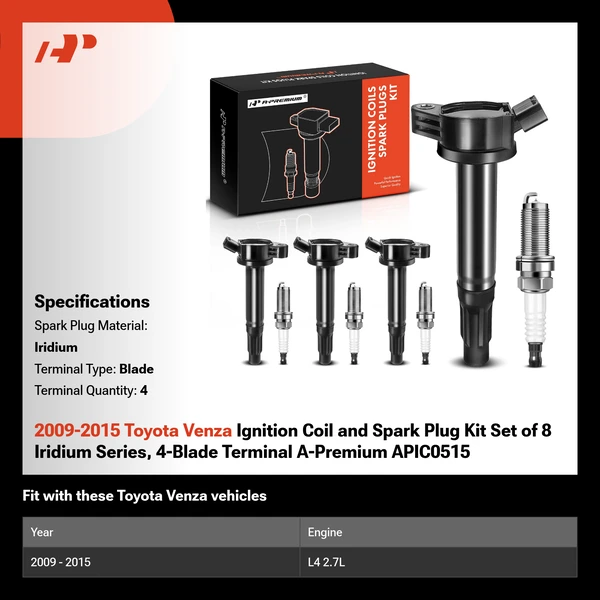 2009-2015 Toyota Venza Ignition Coil and Spark Plug Kit Set of 8 Iridium Series, 4-Blade Terminal A-Premium APIC0515