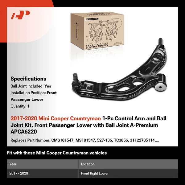2017-2020 Mini Cooper Countryman 1-Pc Control Arm and Ball Joint Kit, Front Passenger Lower with Ball Joint A-Premium APCA6220