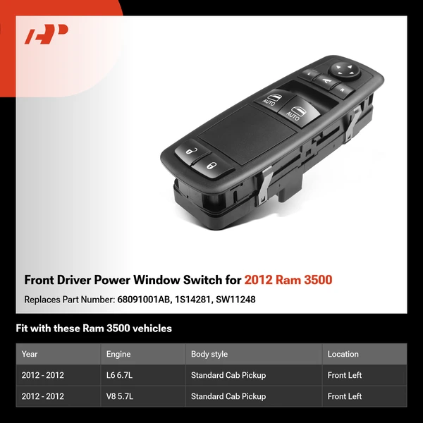 Front Driver Power Window Switch for 2012 Ram 3500