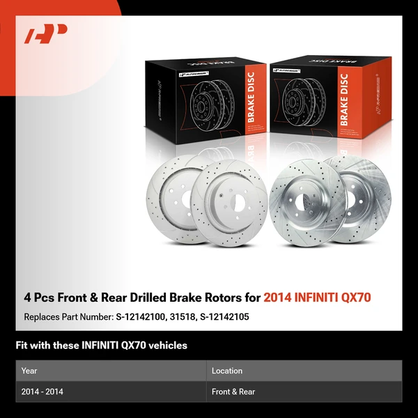 4 Pcs Front & Rear Drilled Brake Rotors for 2014 INFINITI QX70