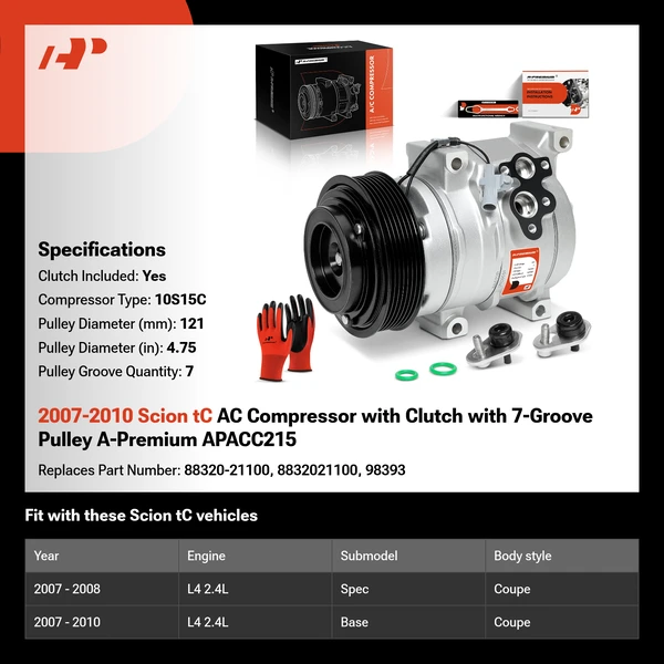 2007-2010 Scion tC AC Compressor with Clutch with 7-Groove Pulley A-Premium APACC215