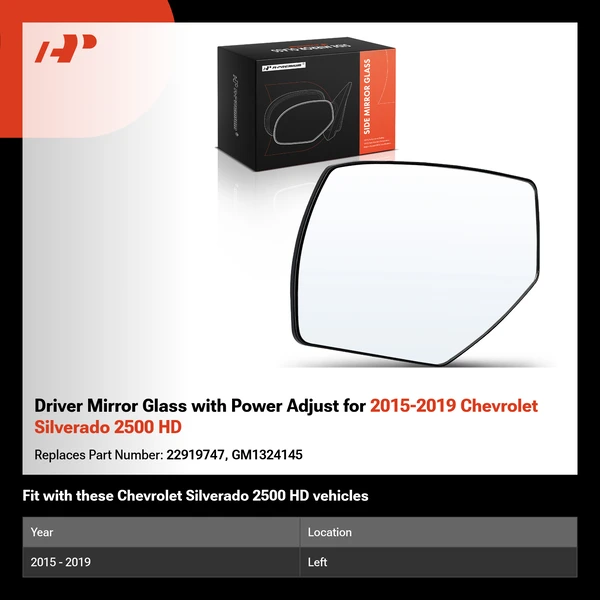 Driver Mirror Glass with Power Adjust for 2015-2019 Chevrolet Silverado 2500 HD