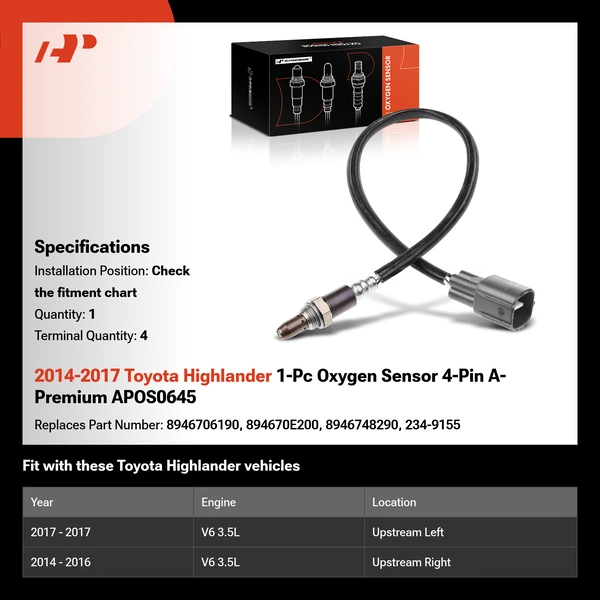 2014-2017 Toyota Highlander 1-Pc Oxygen Sensor 4-Pin A-Premium APOS0645