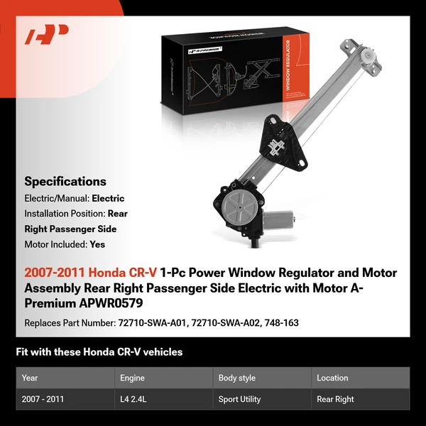 2007-2011 Honda CR-V 1-Pc Power Window Regulator and Motor Assembly Rear Right Passenger Side Electric with Motor A-Premium APWR0579