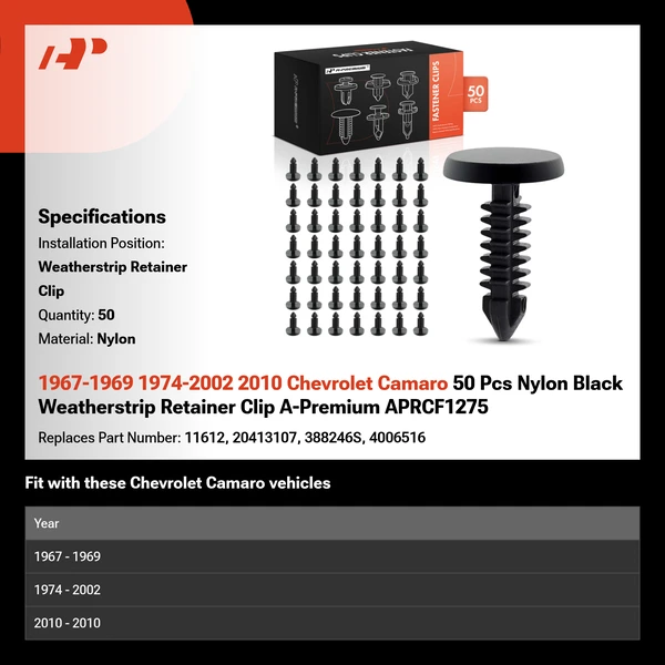 1967-1969 1974-2002 2010 Chevrolet Camaro 50 Pcs Nylon Black Weatherstrip Retainer Clip A-Premium APRCF1275