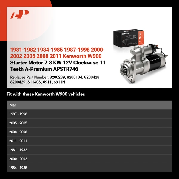 1981-1982 1984-1985 1987-1998 2000-2002 2005 2008 2011 Kenworth W900 Starter Motor 7.3 KW 12V Clockwise 11 Teeth A-Premium APSTR746