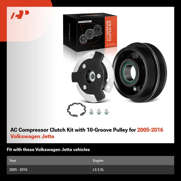 AC Compressor Clutch Kit with 10-Groove Pulley for 2005-2016 Volkswagen Jetta