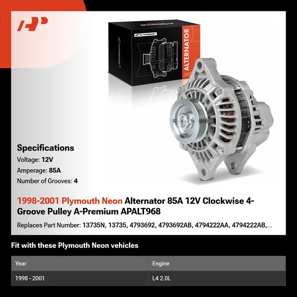 1998-2001 Plymouth Neon Alternator 85A 12V Clockwise 4-Groove Pulley A-Premium APALT968