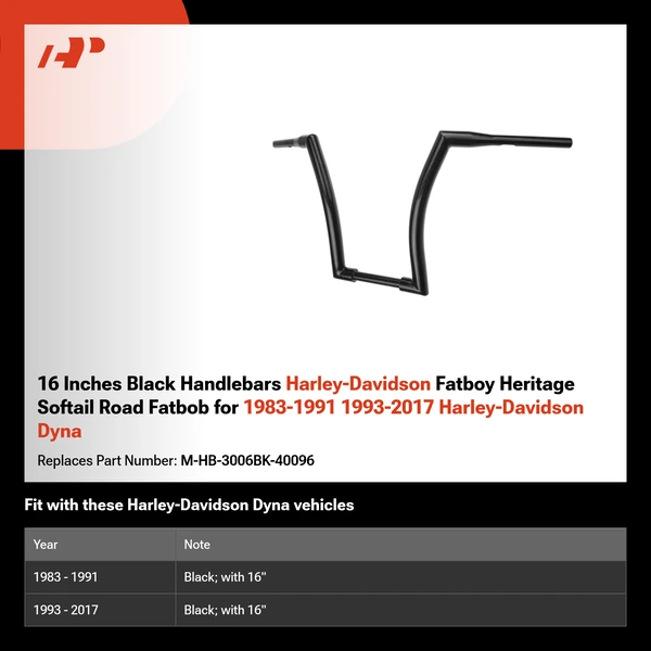 16 Inches Black Handlebars Harley-Davidson Fatboy Heritage Softail Road Fatbob for 1983-1991 1993-2017 Harley-Davidson Dyna