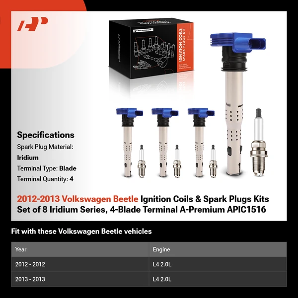 2012-2013 Volkswagen Beetle Ignition Coils & Spark Plugs Kits Set of 8 Iridium Series, 4-Blade Terminal A-Premium APIC1516