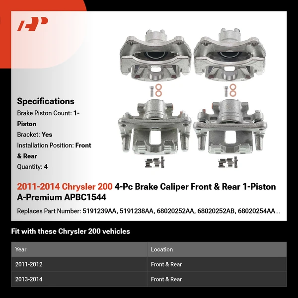 2011-2014 Chrysler 200 4-Pc Brake Caliper Front & Rear 1-Piston A-Premium APBC1544