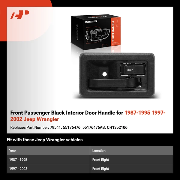 Front Passenger Black Interior Door Handle for 1987-1995 1997-2002 Jeep Wrangler