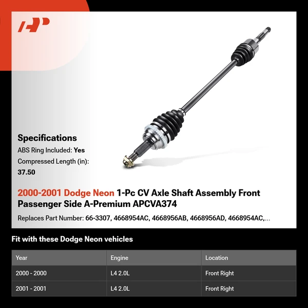 2000-2001 Dodge Neon 1-Pc CV Axle Shaft Assembly Front Passenger Side A-Premium APCVA374