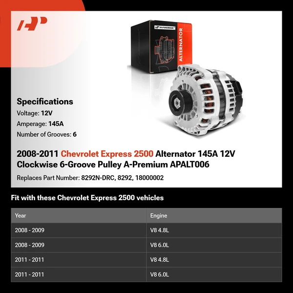 2008-2011 Chevrolet Express 2500 Alternator 145A 12V Clockwise 6-Groove Pulley A-Premium APALT006