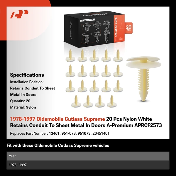 1978-1997 Oldsmobile Cutlass Supreme 20 Pcs Nylon White Retains Conduit To Sheet Metal In Doors A-Premium APRCF2573