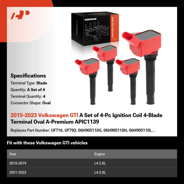 2015-2023 Volkswagen GTI A Set of 4-Pc Ignition Coil 4-Blade Terminal Oval A-Premium APIC1139