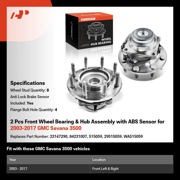 2 Pcs Front Wheel Bearing & Hub Assembly with ABS Sensor for 2003-2017 GMC Savana 3500