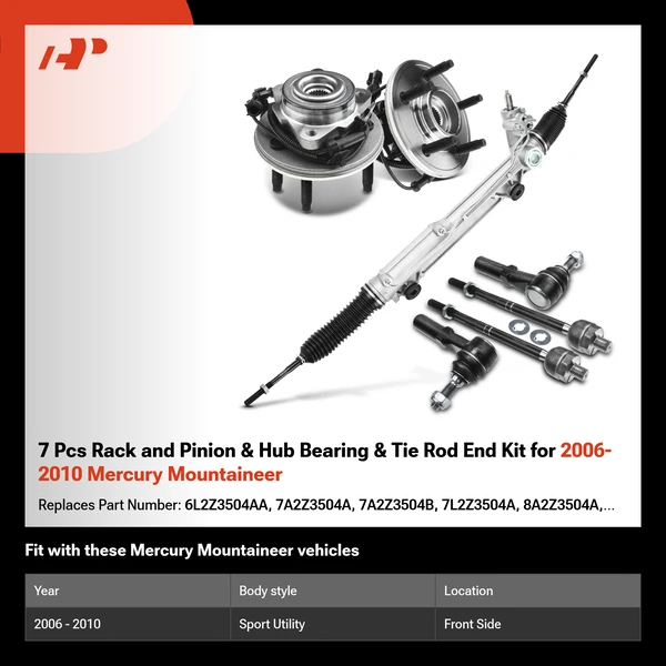 7 Pcs Rack and Pinion & Hub Bearing & Tie Rod End Kit for 2006-2010 Mercury Mountaineer