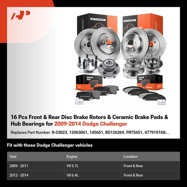 16 Pcs Front & Rear Disc Brake Rotors & Ceramic Brake Pads & Hub Bearings for 2009-2014 Dodge Challenger